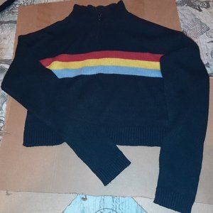 Cropped long-sleaved BLACK knit ring sipper neck